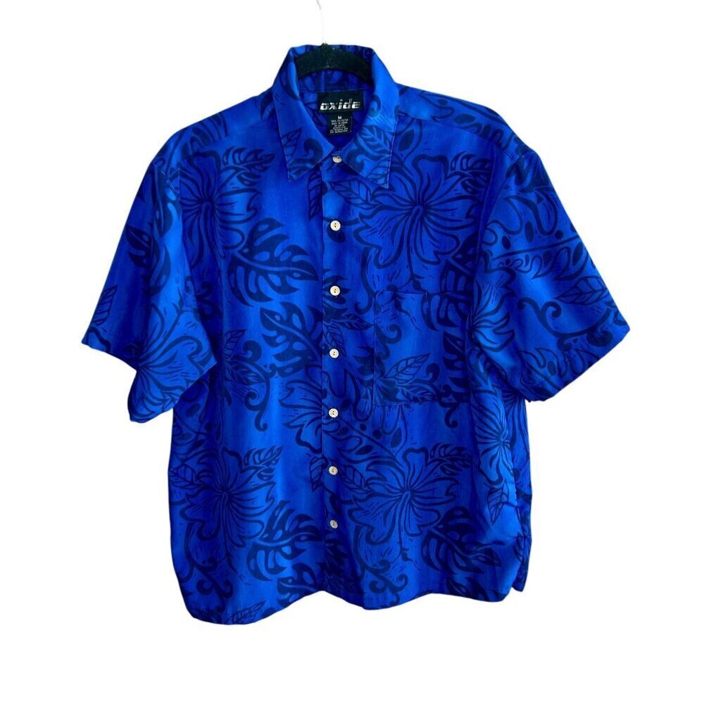 Oxide Men's Vintage 80s Blue Floral Short Sleeve Disco Shirt Size Medium